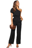 Asymmetric Bare Shoulder Bubble Sleeve Jumpsuit