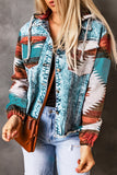 color Aztec Print Frayed Hem Denim Jacket