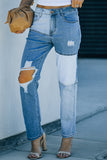 Sky Blue Colorblock Patchwork Ripped Hole Crop Straight Jeans