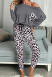 Casual Long Sleeve Leopard Pants Loungewear Set