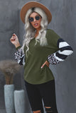 V Neck Leopard Stripe Splice Lantern Sleeve Top