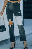 Black Colorblock Patchwork Ripped Hole Crop Straight Jeans