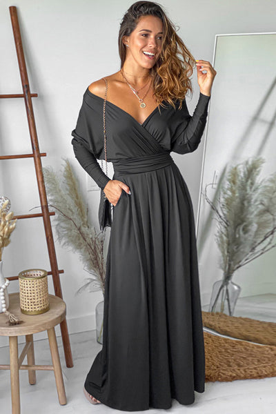 Long Sleeve V Neck Twist Front Slit Long Dress – ALELLY