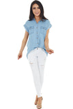 Short Sleeve Buttoned Denim Shirt with Pocket