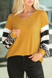 V Neck Leopard Stripe Splice Lantern Sleeve Top