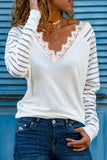 Deep V-neck Lace Stripe Long Sleeve Top