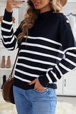 Striped Turtleneck Long Sleeve Sweater with Buttons