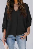 V Neck 3/4 Sleeve High Low Hem Shirt