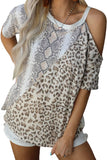 Snakeskin Leopard Color Block Cold Shoulder Short Sleeve T-shirt