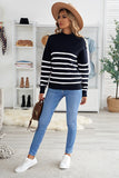 Striped Turtleneck Long Sleeve Sweater with Buttons