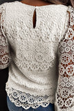 Beige Lace Contrast Hollow-out Long Sleeve Blouse