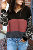 Wild Leopard Contrast Sleeve Colorblock Waffle Knit Top