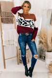 Brown Color Block Leopard Splicing Sweater