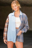 Sky Blue Plaid Contrast Color Block Shirt with Slits