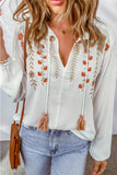 Floral Embroidered Tassel Drawstring V Neck Blouse