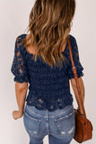 Blue Floral Lace Crochet Ruffled Shirred Square Neck Top