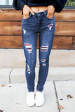 Dark Wash Mid Rise Distressed Plaid Patch Skinny Jeans