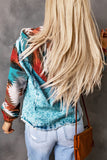 color Aztec Print Frayed Hem Denim Jacket