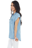 Short Sleeve Buttoned Denim Shirt with Pocket