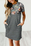 Floral Striped Print T-shirt Mini Dress with Pockets