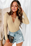 Khaki Rhinestone Surplice V Neck Long Sleeve Bodysuit