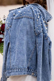 Sky Blue Pearl Turn Down Collar Denim Jacket