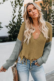 Women's Fashion Solid Color Pullover Long Sleeve Hollow-out Distressed Tassels Sweater V-neck Loose Fitting Knitwear