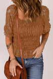 Khaki Floral Lace Crochet Ruffled Shirred Square Neck Top