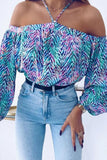 Sky Blue Allover Print Halter Neck Off Shoulder Blouse