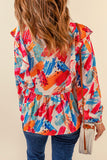 color Paint Print Ruffled Detail Loose Blouse