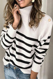 Striped Turtleneck Long Sleeve Sweater with Buttons