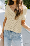 V Neck Eyelet Knitted Top with Scalloped Trims