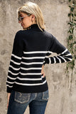 Striped Turtleneck Long Sleeve Sweater with Buttons