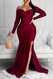 Wine Red Off Shoulder Side Split Bodycon Prom Dress