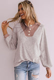 Button Contrast Puff Sleeve Blouse