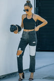 Colorblock Patchwork Ripped Hole Crop Straight Jeans