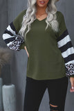 V Neck Leopard Stripe Splice Lantern Sleeve Top