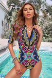 Print Zip Front Half Sleeve One Piece Swimsuit