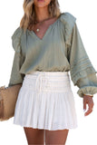 Split V Neck Ruffled Bubble Sleeves Blouse