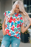 White Floral Print Frilled Neck Ruffled Sleeve Top