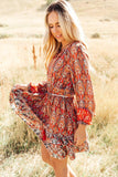 Western Pattern Print Lantern Sleeve Drawstring Mini Dress