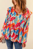 color Paint Print Ruffled Detail Loose Blouse