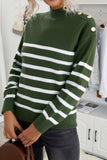 Striped Turtleneck Long Sleeve Sweater with Buttons