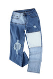 Colorblock Patchwork Ripped Hole Crop Straight Jeans