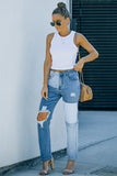 Colorblock Patchwork Ripped Hole Crop Straight Jeans