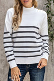 Striped Turtleneck Long Sleeve Sweater with Buttons